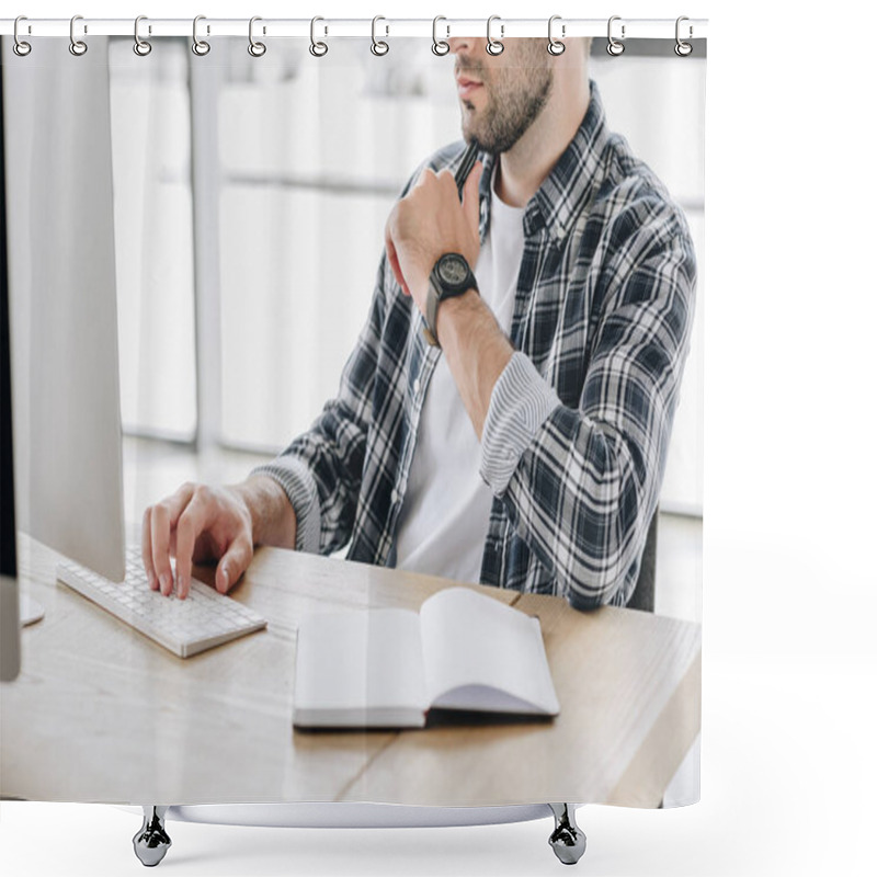 Personality  Cropped Shot Of Young Man Using Desktop Computer At Workplace Shower Curtains