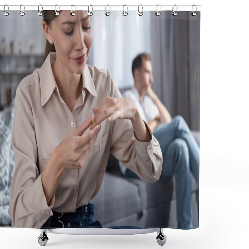 Personality  Crying Upset Woman Taking Off Ring And Man On Sofa Shower Curtains