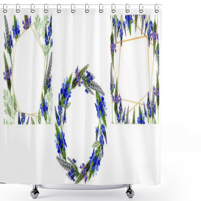 Personality  Blue Violet Lavender Floral Botanical Flower. Wild Spring Leaf Wildflower Isolated. Watercolor Background Illustration Set. Watercolour Drawing Fashion Aquarelle. Frame Border Ornament Square. Shower Curtains