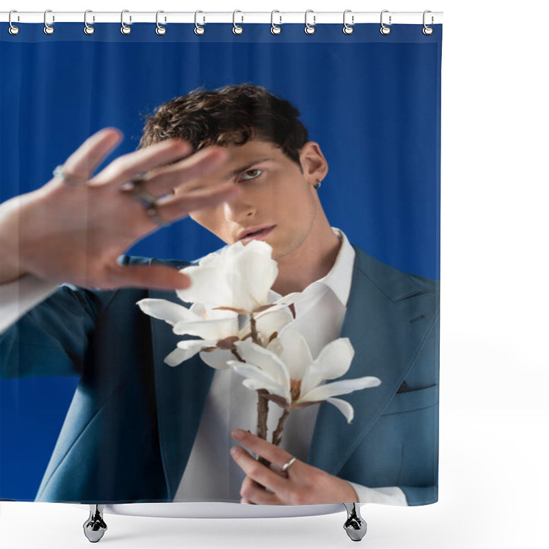 Personality  Stylish Man In Jacket Holding Magnolia And Covering Face Isolated On Blue  Shower Curtains