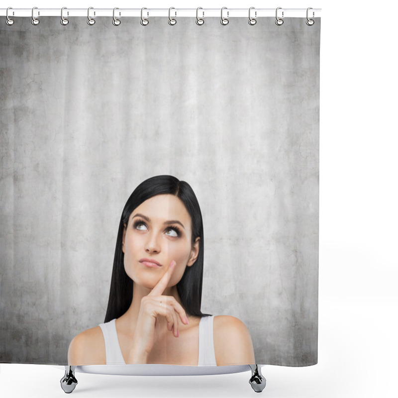 Personality  A Portrait Of A Pensive Brunette Lady In A White Tank Top. Concrete Background. Shower Curtains