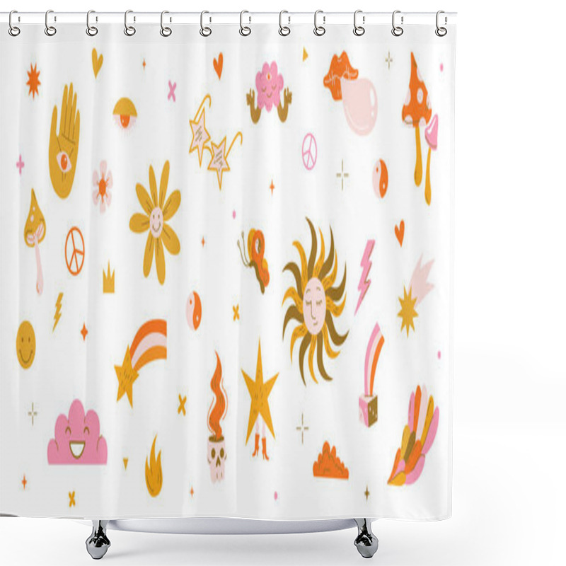 Personality  Retro Psychedelic Stickers With Flowers, Mushrooms Shower Curtains