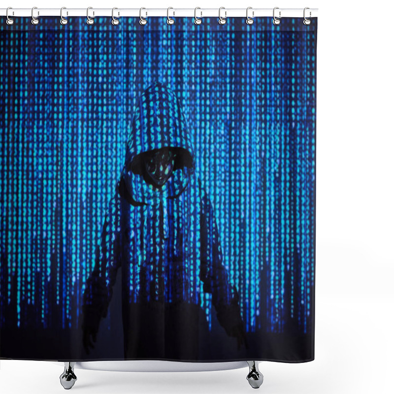 Personality  Anonymous Hacker Boy In Hoodie Standing In Projection Of Blue Binary Code In Dark Room Shower Curtains