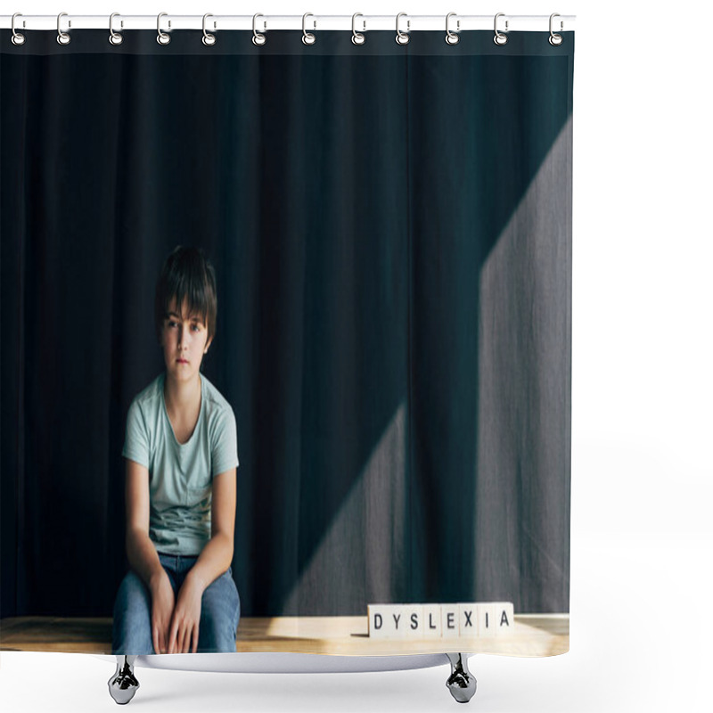 Personality  Kid With Dyslexia Looking At Camera And Sitting Near Wooden Cubes With Lettering Dyslexia Shower Curtains