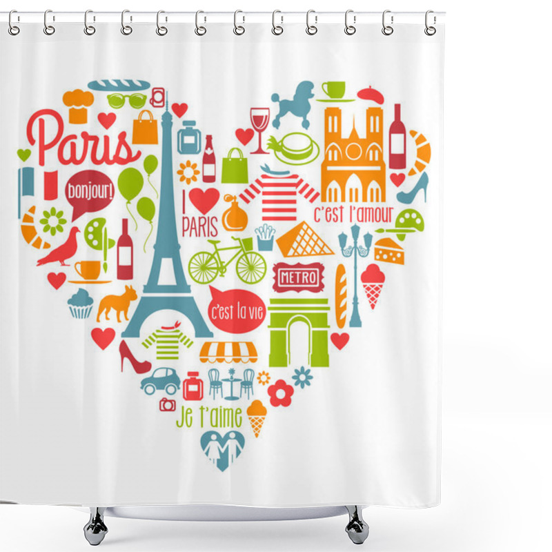 Personality  Paris France Icons Landmarks And Attractions In A Heart Shape Shower Curtains