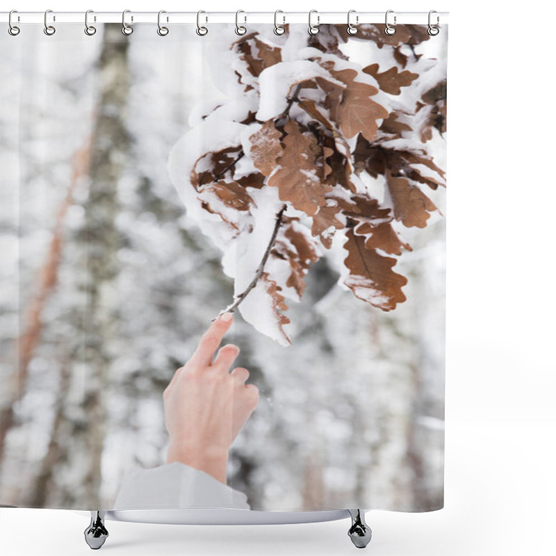 Personality  Cropped Image Of Woman Holding Branch With Leaves Covered With Snow In Forest Shower Curtains