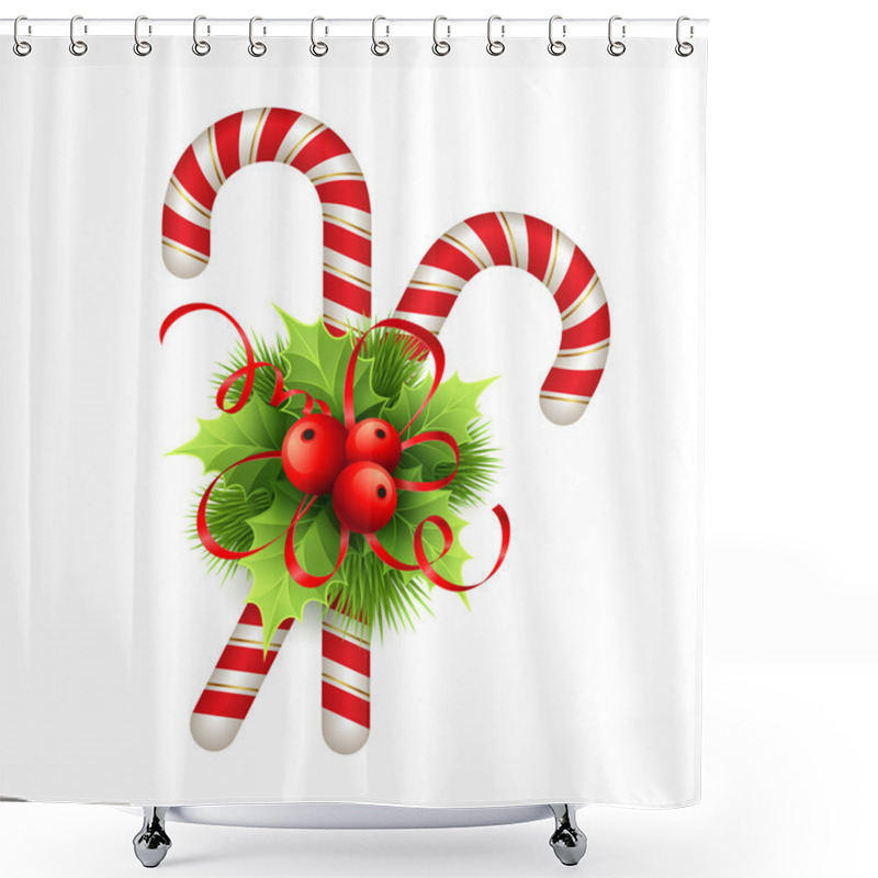 Personality  Christmas Decoration With Holly Leaves, Bow  And Candy. Vector Illustration Shower Curtains