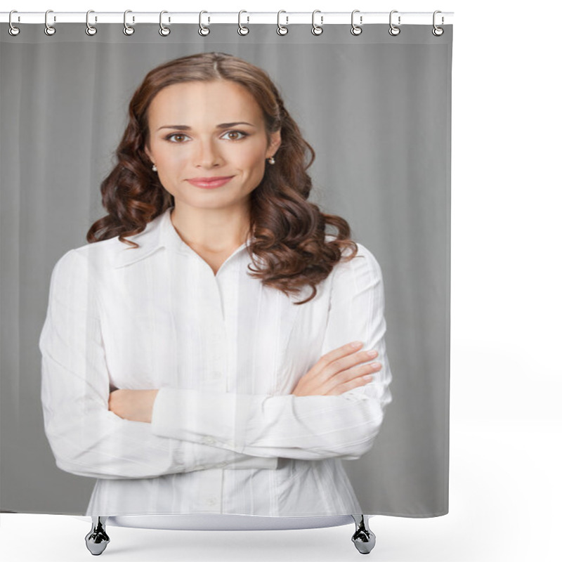 Personality  Smiling Businesswoman, Over Gray Shower Curtains