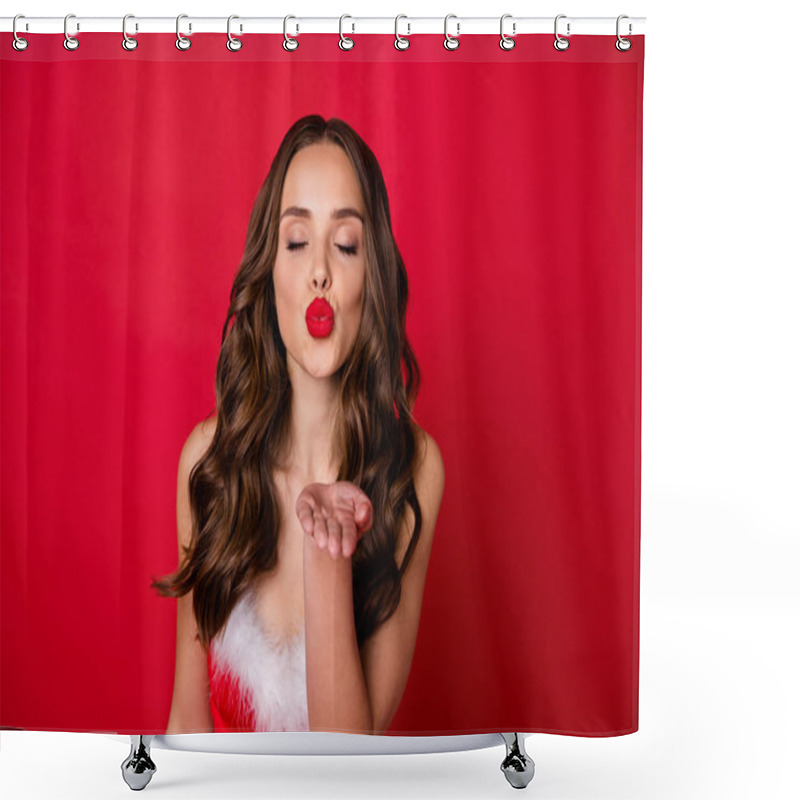 Personality  Close Up Photo Of Charming Girl With Her Eyes Closed Sending Air Kisses Having Brunette Wavy Curly Hair Wearing Dress Isolated Over Red Background Shower Curtains