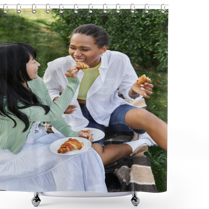 Personality  A Lesbian Couple Enjoys A Picnic In A Park, Laughing And Sharing A Snack. Shower Curtains