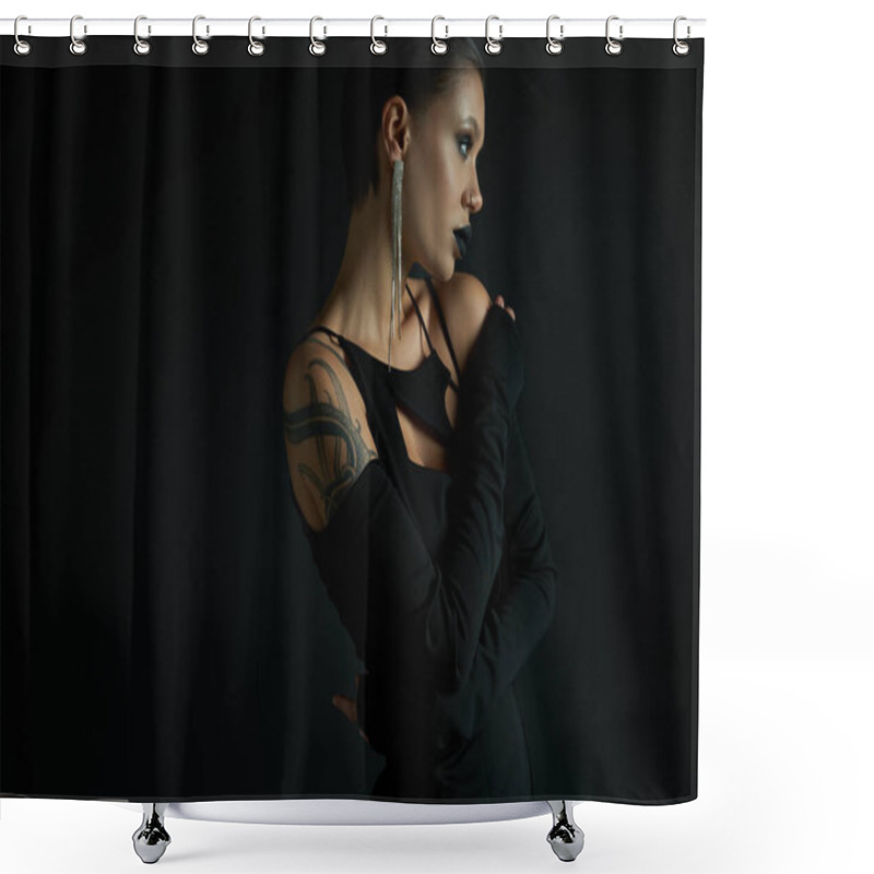 Personality  Tattooed And Glamour Woman With Eerie Makeup Posing In Sexy Dress On Black, Halloween Concept Shower Curtains