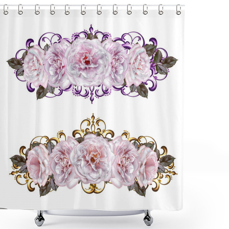 Personality  Flower Garlands Of Pastel Pink Roses. Golden Weaving, Delicate Composition, Old Style. Isolated. Shower Curtains