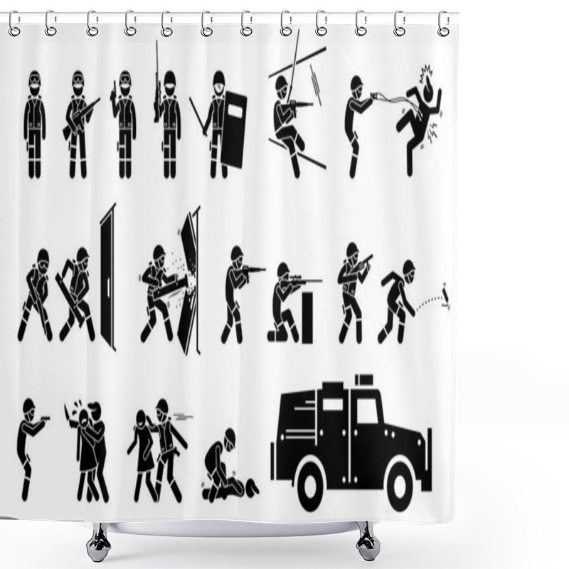 Personality  SWAT Special Weapons And Tactics Icons. Stickman Pictogram Set Depicts SWAT Police Actions, Poses With Guns And Weapons, Breaking Door, Standoff, Rescue Hostage, Fighting Criminal, And A SWAT Vehicle. Shower Curtains