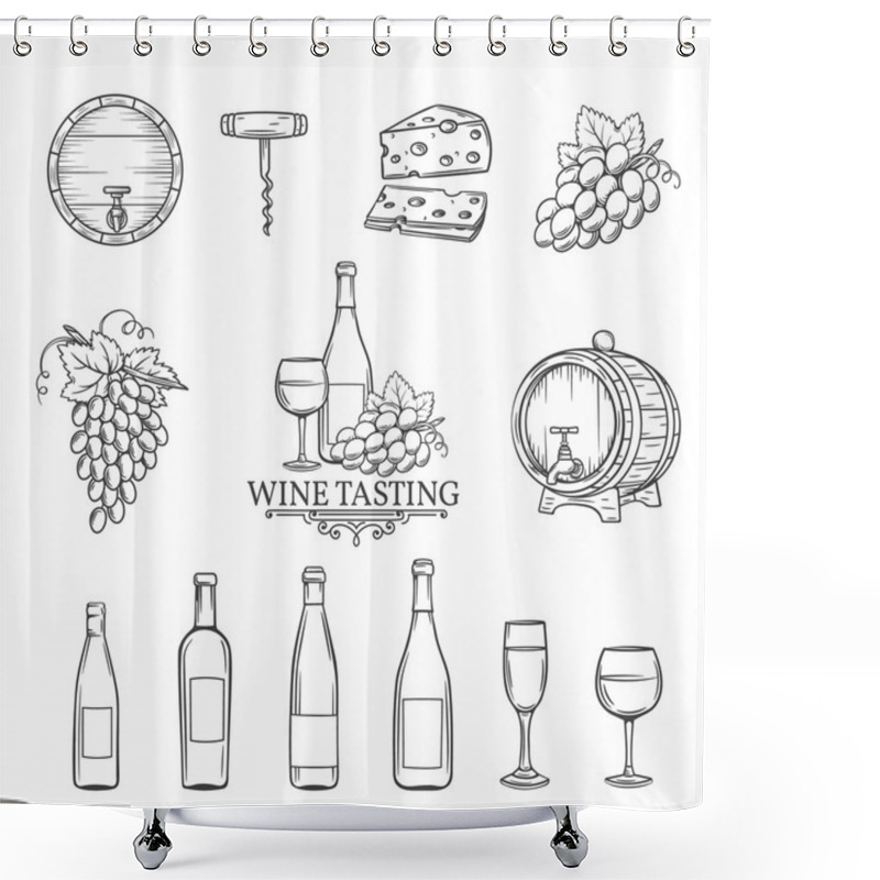 Personality  Vector Hand Draw Wine Icons Set On White Shower Curtains