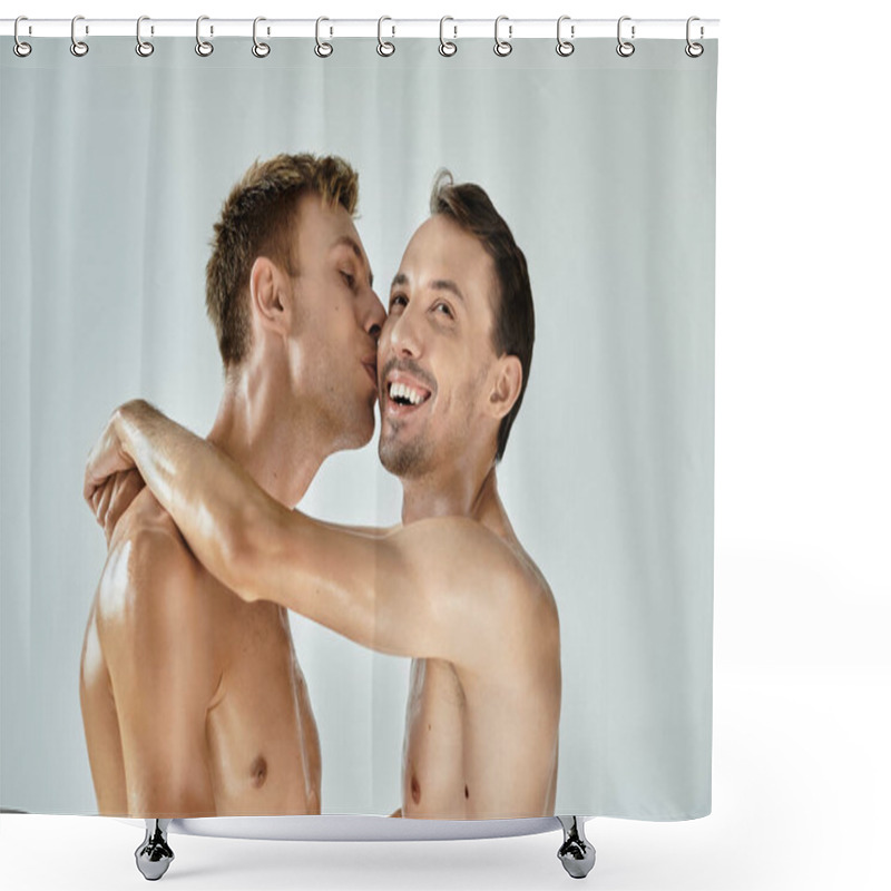 Personality  Two Young Men Share A Tender Kiss, Radiating Love And Happiness In An Intimate Setting. Shower Curtains