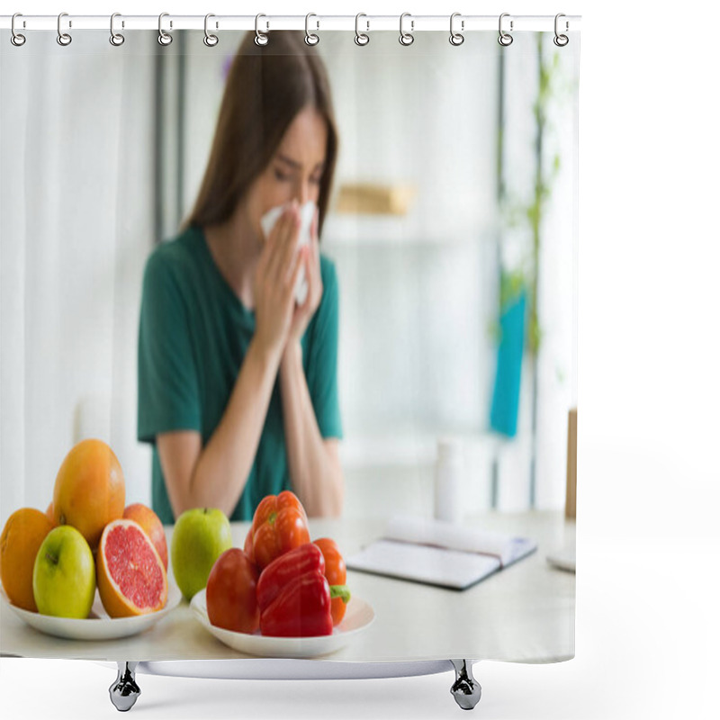 Personality  Selective Focus Of Woman Sitting At Table With Vegetables, Fruits And Pills And Using Napking While Blowing Nose Shower Curtains