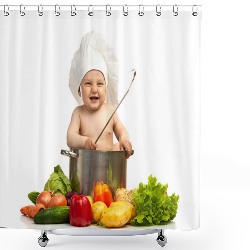 Personality  Little Boy In Chef's Hat With Ladle, Casserole, And Vegetables Shower Curtains