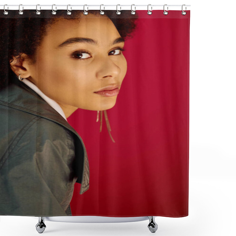 Personality  A Young Woman With An Emotional Expression Gazes Thoughtfully, Surrounded By Bold Color. Shower Curtains