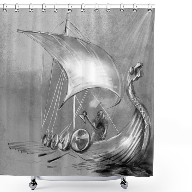 Personality  Viking Age. Drekar Ship And Warrior With The Axe Standing On Boat With Dragon Head. An Hand Painted Illustration. Shower Curtains