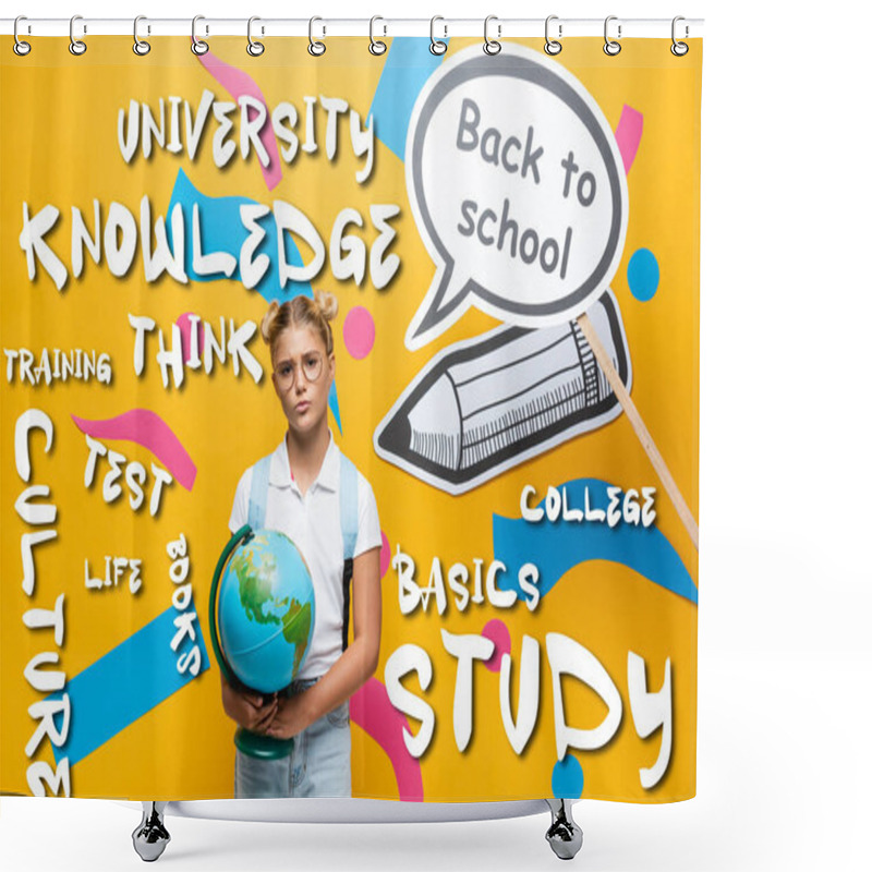 Personality  Thoughtful Schoolkid With Globe Standing Beside Paper Art With Back To School Lettering And Illustration On Yellow  Shower Curtains