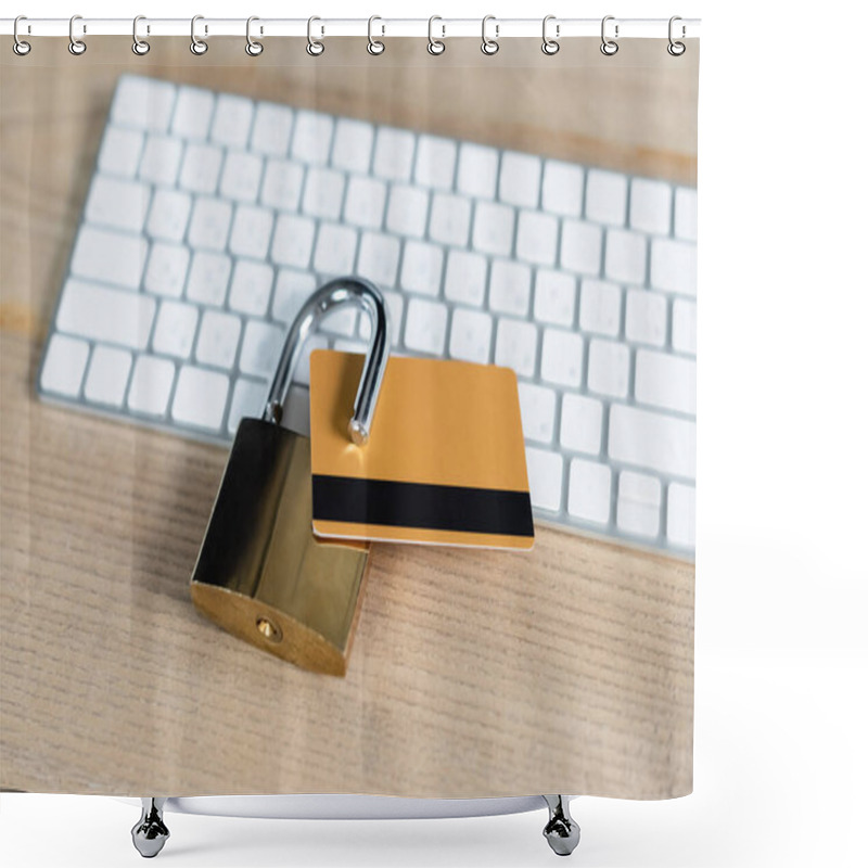 Personality  Close Up View Of Credit Card In Padlock Near Keyboard On Wooden Table  Shower Curtains