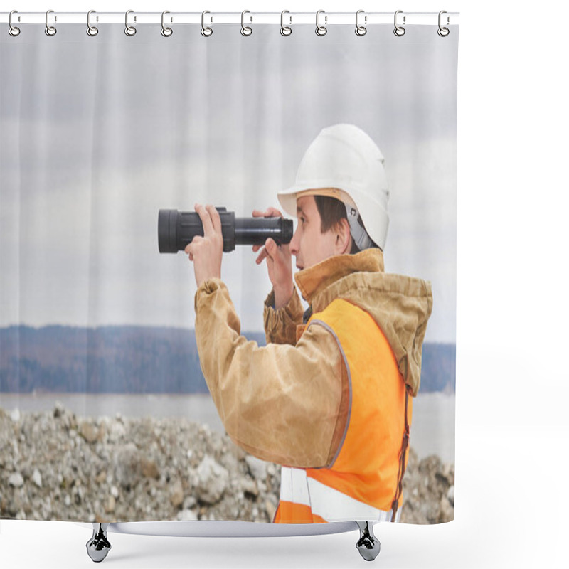 Personality  Mining Or Road Engineer Using A Telescope Against The Background Of A Riverbank Quarry Shower Curtains