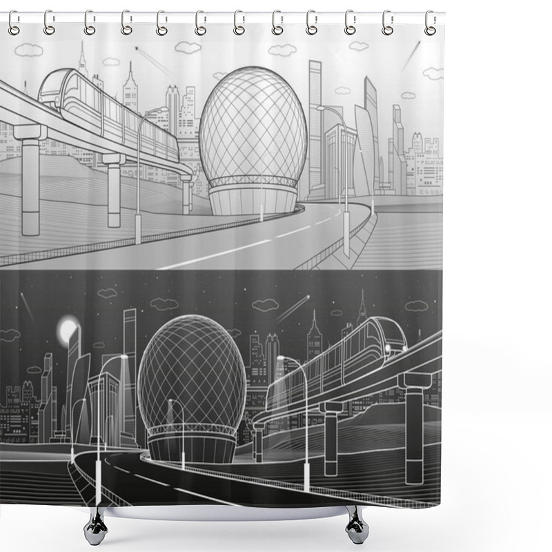 Personality  City Infrastructure And Transport Illustration. Monorail Railway. Train Move Over Flyover. Spherical Building. Modern Town. Airplane Fly. Towers And Skyscrapers. White Lines. Vector Design Art Shower Curtains