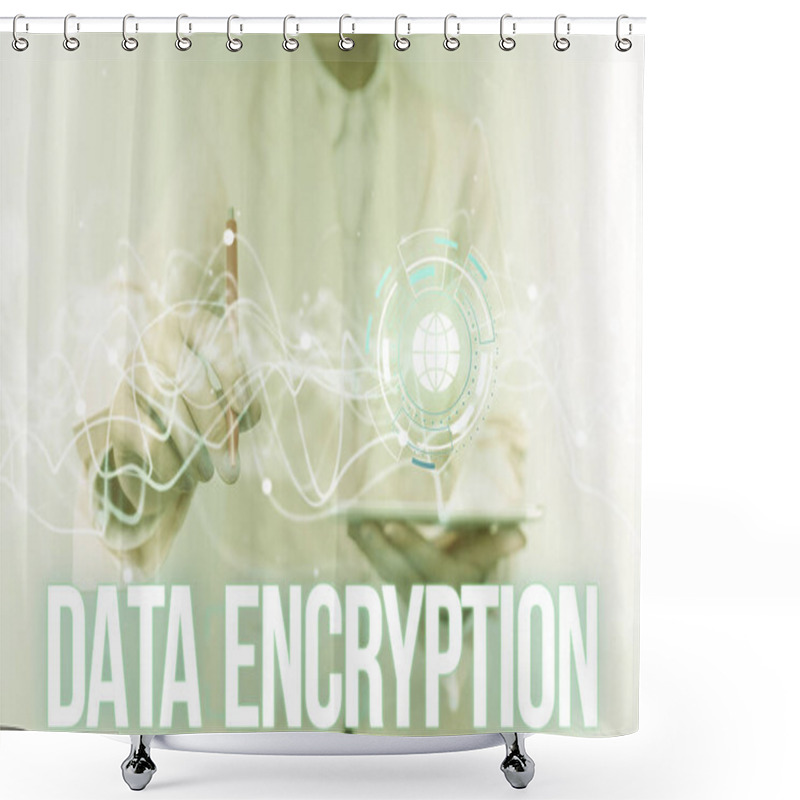 Personality  Inspiration Showing Sign Data Encryption. Business Idea Symmetrickey Algorithm For The Encrypting Electronic Data Lady In Uniform Using Futuristic Mobile Holographic Display Screen. Shower Curtains