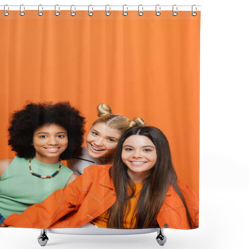 Personality  Positive Blonde Teenage Girl Looking At Camera Near Stylish Multiethnic Girlfriends With Bold Makeup While Standing Isolated On Orange, Cool And Confident Multicultural Teenage Girls, Diverse Races  Shower Curtains