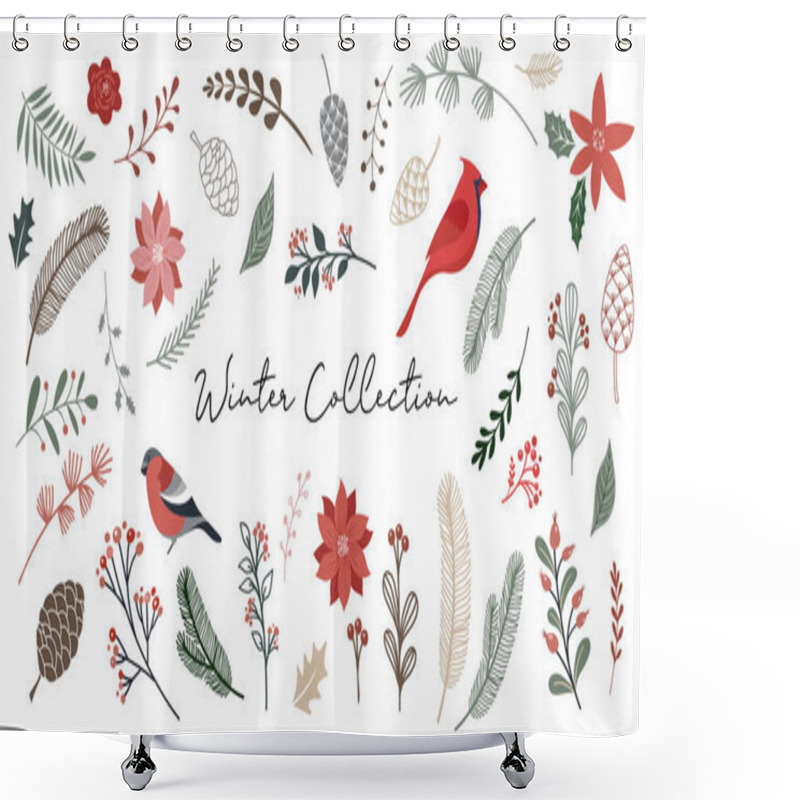 Personality  Botanical Christmas, Xmas Elements, Winter Flowers, Leaves, Birds And Pinecones Isolated On White Backgrounds.  Shower Curtains