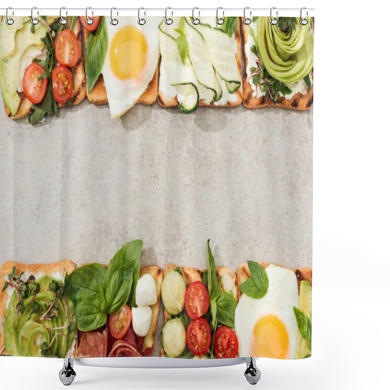 Personality  Top View Of Toasts With Vegetables, Fried Eggs And Prosciutto On Textured Surface Shower Curtains