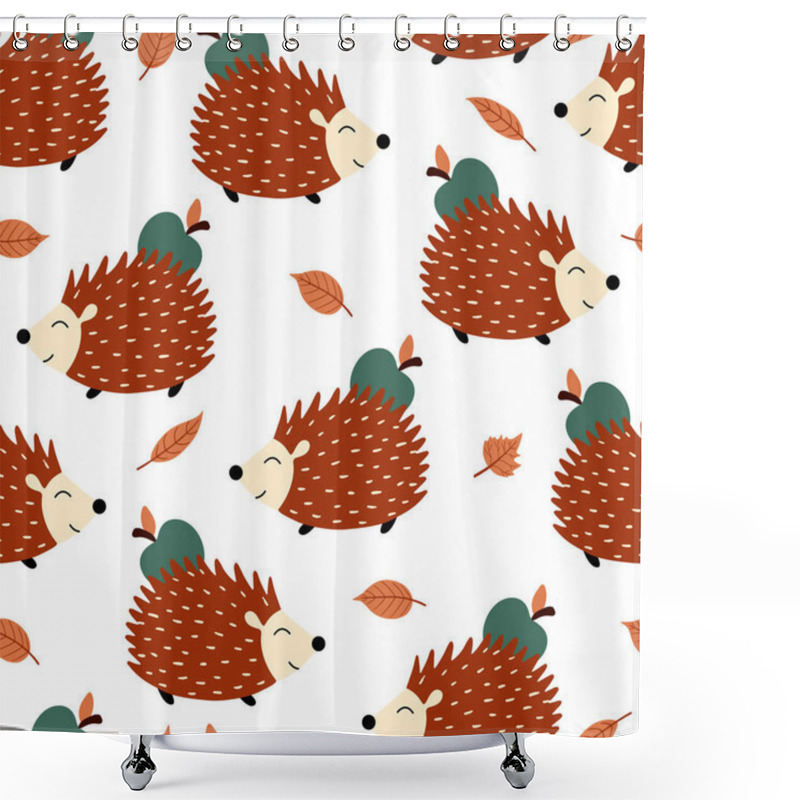 Personality  Seamless Pattern With Hedgehogs On A White Background. Autumn Background With Hedgehogs, Apples And Autumn Leaves. Shower Curtains