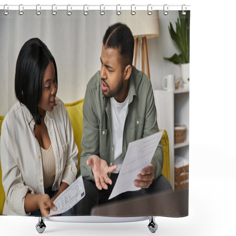 Personality  A Young African American Couple Sits On A Couch, Reviewing Bills And Discussing Finances. Shower Curtains