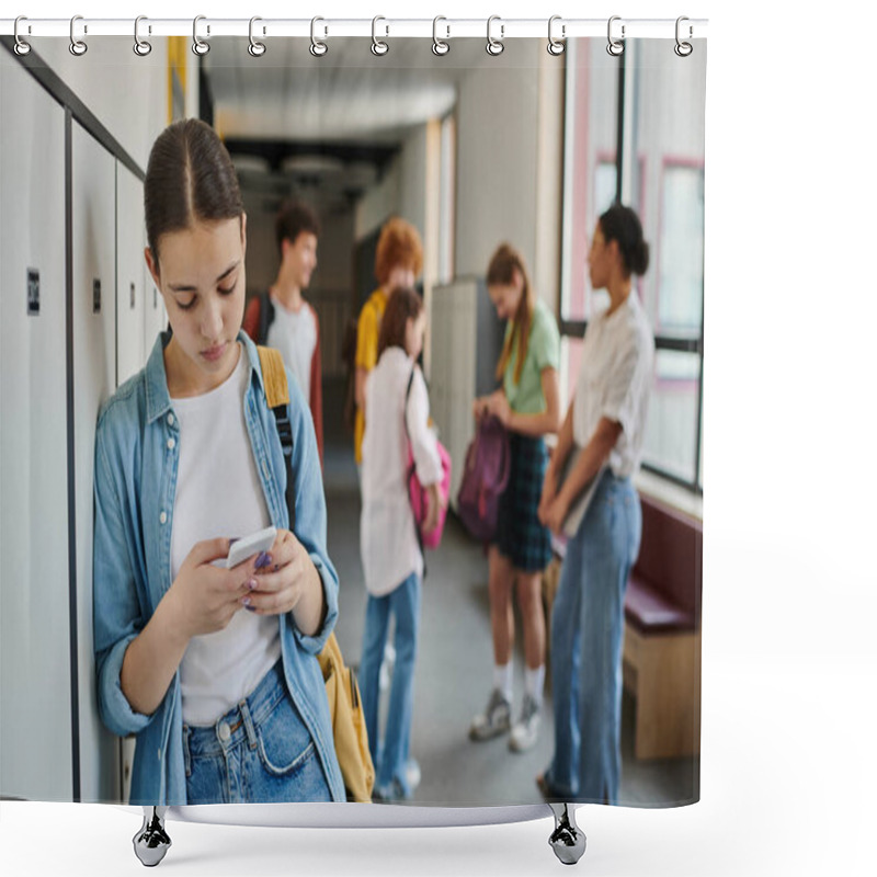 Personality  Teenage Girl Texting On Smartphone In School Hallway, Students And Teacher On Blurred Background Shower Curtains