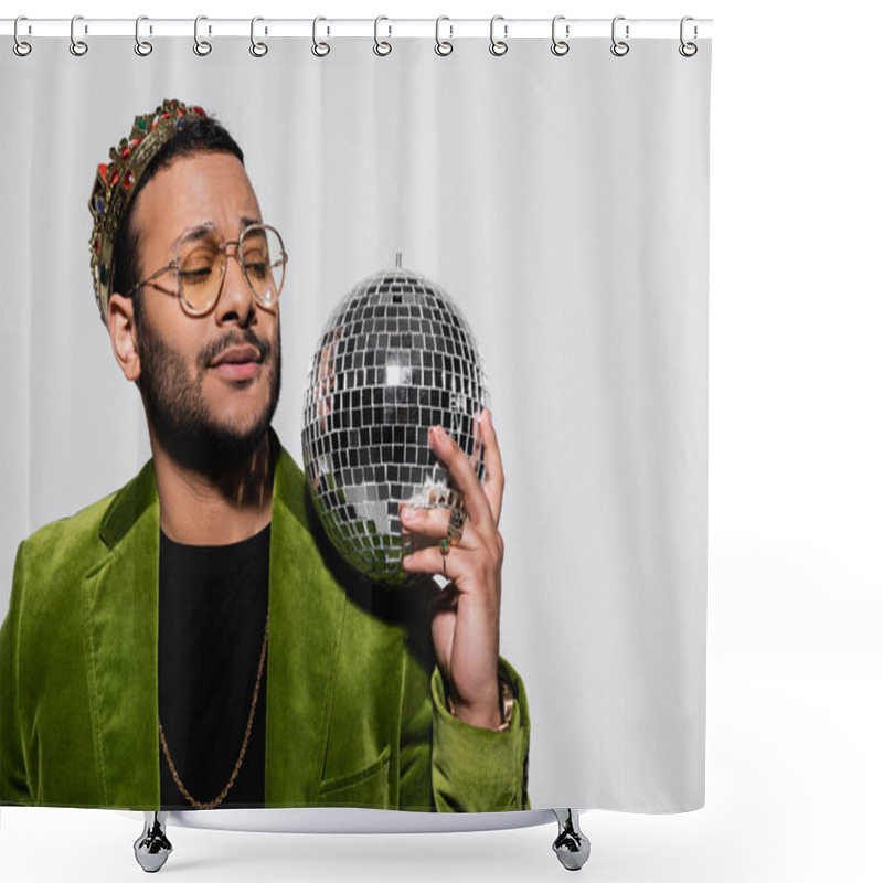 Personality  Eastern Hip Hop Performer In Green Velvet Blazer And Crown Holding Disco Ball Isolated On Grey Shower Curtains