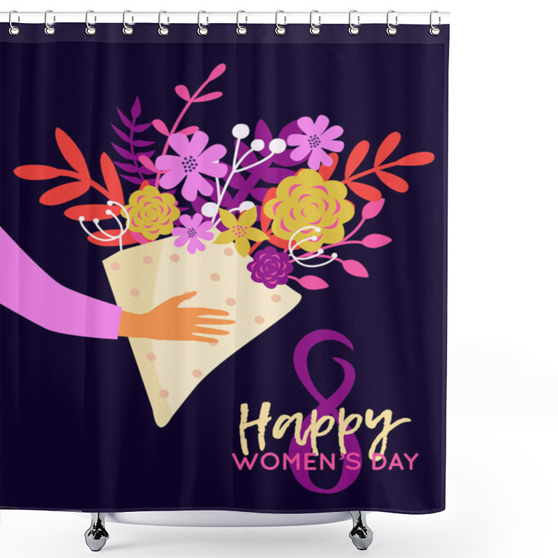 Personality  Vector Happy 8 March Illustration With Hands Holding Bouquet Of Flowers. Trendy International Women's Day Greeting Card, Poster, Flyer. Shower Curtains