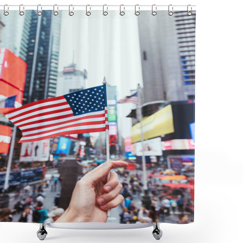 Personality  Partial View Of Man Holding American Flag On New York City Street Shower Curtains