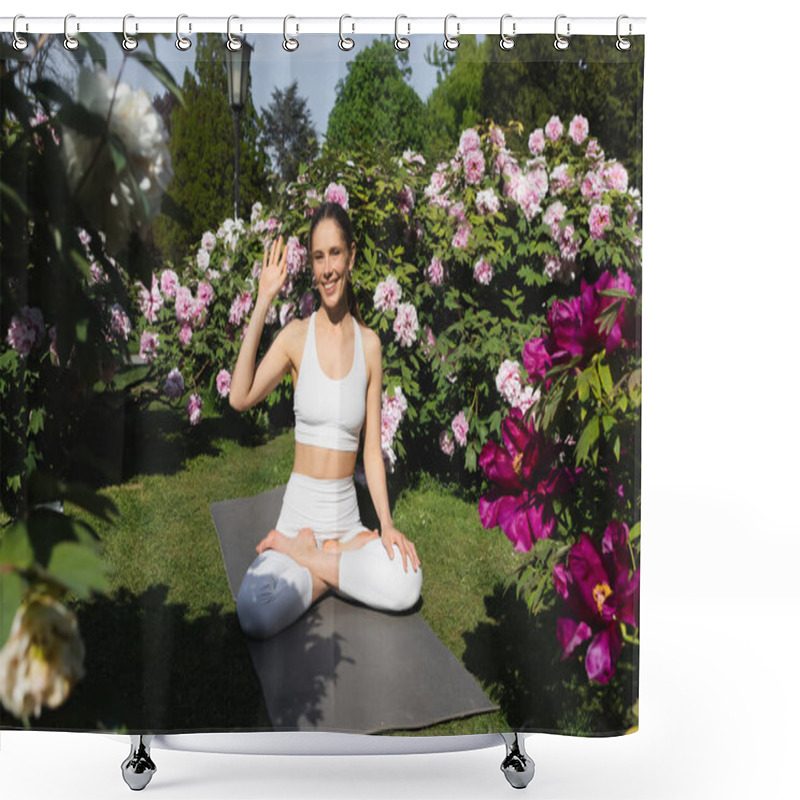 Personality  Smiling Woman Meditating In Lotus Pose And Waving Hand Near Blossoming Bushes Shower Curtains