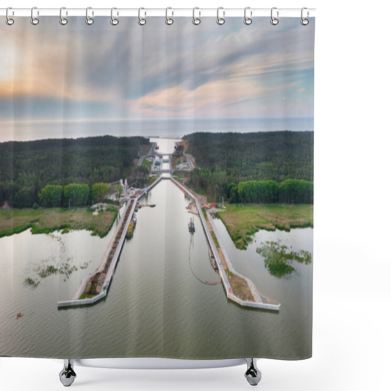 Personality  Construction Of A Canal To The Baltic Sea On The Vistula Spit At Sunset. Poland Shower Curtains