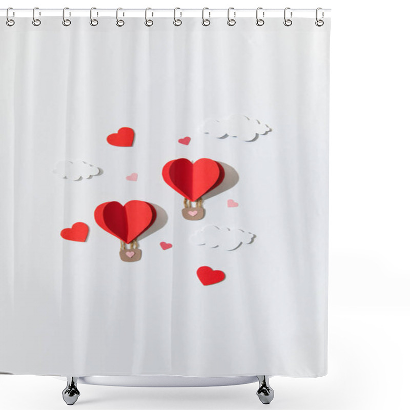 Personality  Top View Of Paper Heart Shaped Air Balloons In Clouds On White Background Shower Curtains