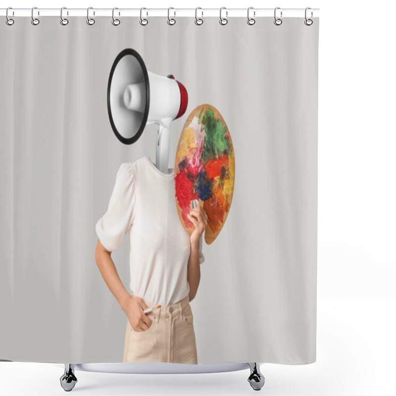 Personality  Painter With Megaphone Instead Of Head On Grey Background. Artist As Outlaw Day Shower Curtains