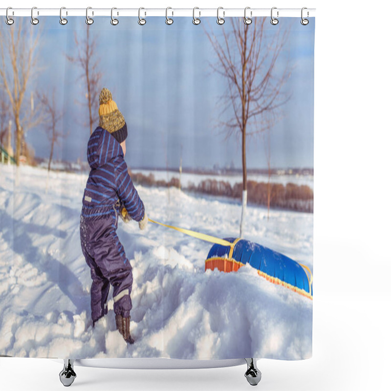 Personality  A Little Boy Of 3 Years Old, In A Blue Jumpsuit, Is Dragging Tubing From A Slide. In Winter, Outdoors, Resting In Nature. Shower Curtains