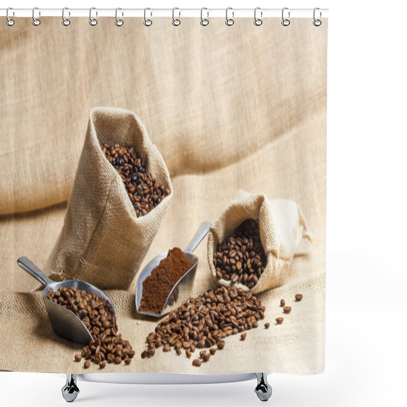 Personality  Still Life Of Coffee Beans In Jute Bags Shower Curtains