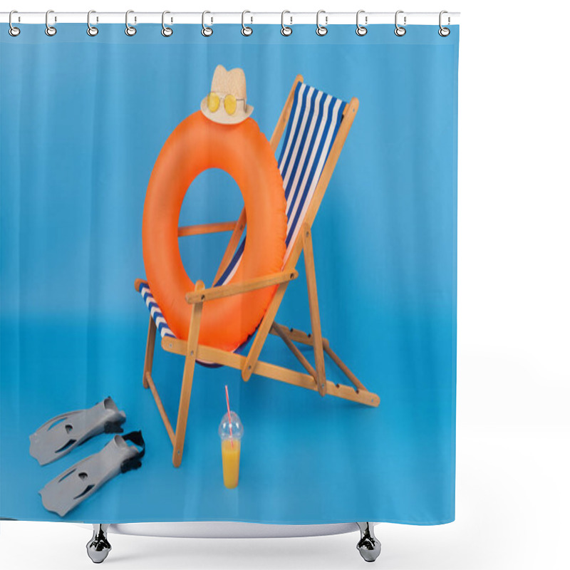 Personality  Straw Hat On Inflatable Ring Near Swimming Flippers And Orange Juice On Blue Background  Shower Curtains