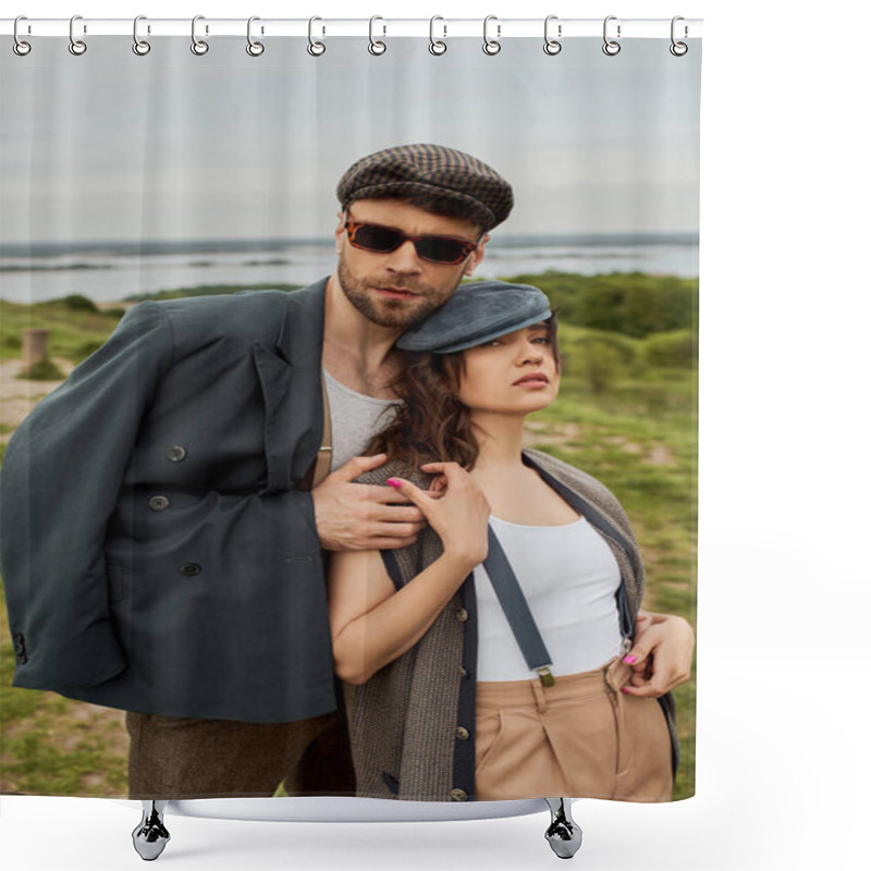 Personality  Fashionable Man In Sunglasses And Jacket Hugging Brunette Girlfriend In Newsboy Cap And Suspenders While Standing With Blurred Scenic Landscape And Sky At Background, Trendy Twosome In Rustic Setting Shower Curtains