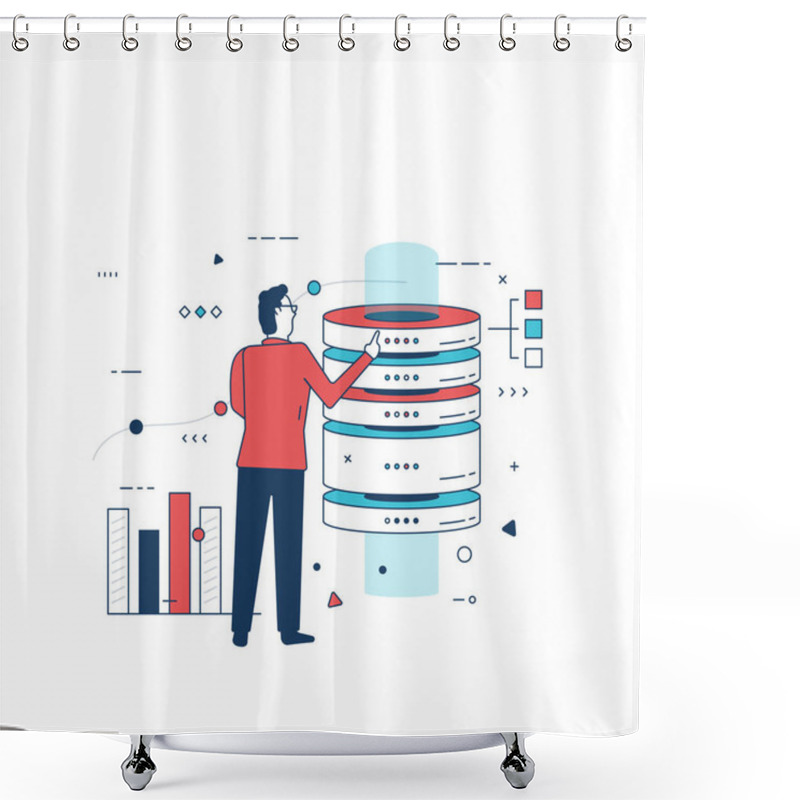 Personality  Man Using Network Database Interface And Interacting With Big Data Server. Man Standing And Using Futuristic Interface. Web Server Technician In Datacenter. Line Style Vector Illustration.  Shower Curtains