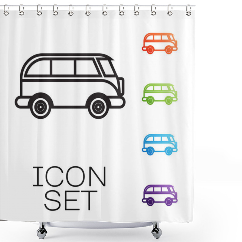 Personality  Black Line Retro Minivan Icon Isolated On White Background. Old Retro Classic Traveling Van. Set Icons Colorful. Vector Illustration Shower Curtains