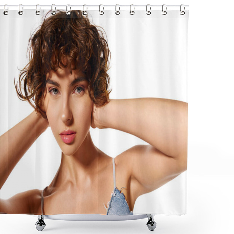 Personality  A Young Woman Expresses Complex Emotions While Interacting With Her Curly Hair. Shower Curtains