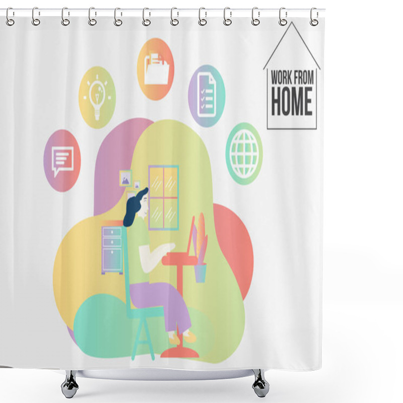 Personality  Business Woman Working At Home With Business Icons. Character Sitting At Desk In Room, Looking At Computer Screen. A Lot Of Work, Overworked, Stress, Office Routine Concept. Isolated Stock Vector. Shower Curtains