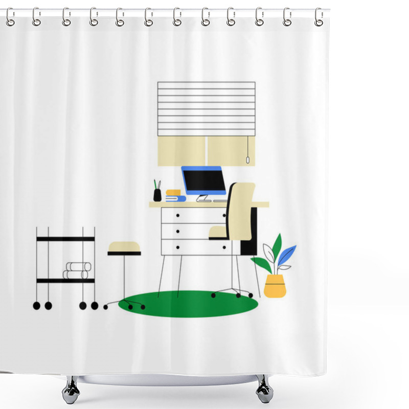 Personality  Office Desk With Storage Drawers, Computer, And Chair Representing A Modern Home Office Setup Symbolizing Workspace Organization, Productivity, And Efficient Work Concepts. Shower Curtains